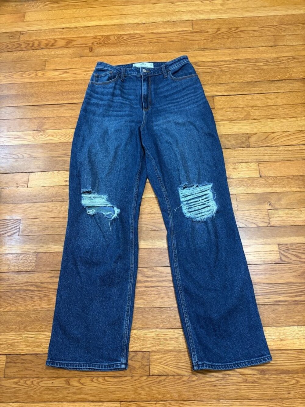 Hollister Womens Ultra High-Rise Curvy Dad Jeans Juniors 9 Blue Distressed Denim